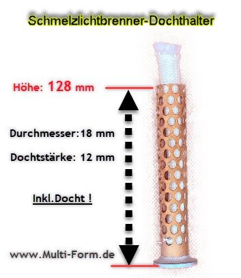 Schmelzlichtbrenner aus Kupfer, 128 × 18 mm, mit Glasfaserdocht 12 mm